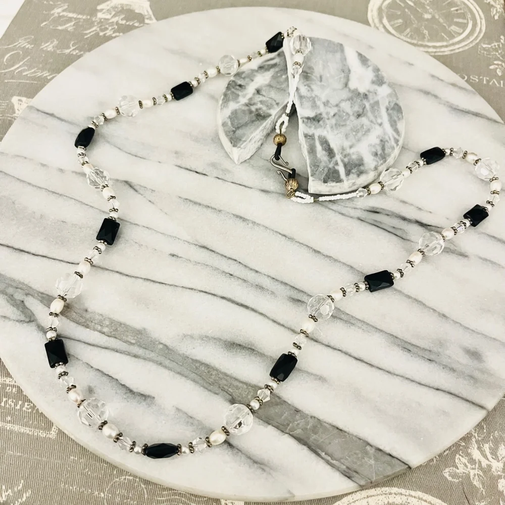 Glass Beaded Necklace Clear Faceted with Black‎ Accent Beads Simple Classic